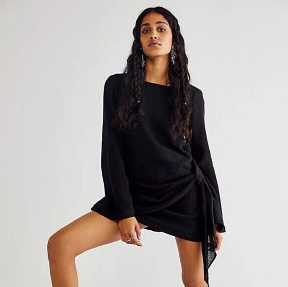 NWT Free People Simona Black Long Sleeve Mini Dress Lace Up XL